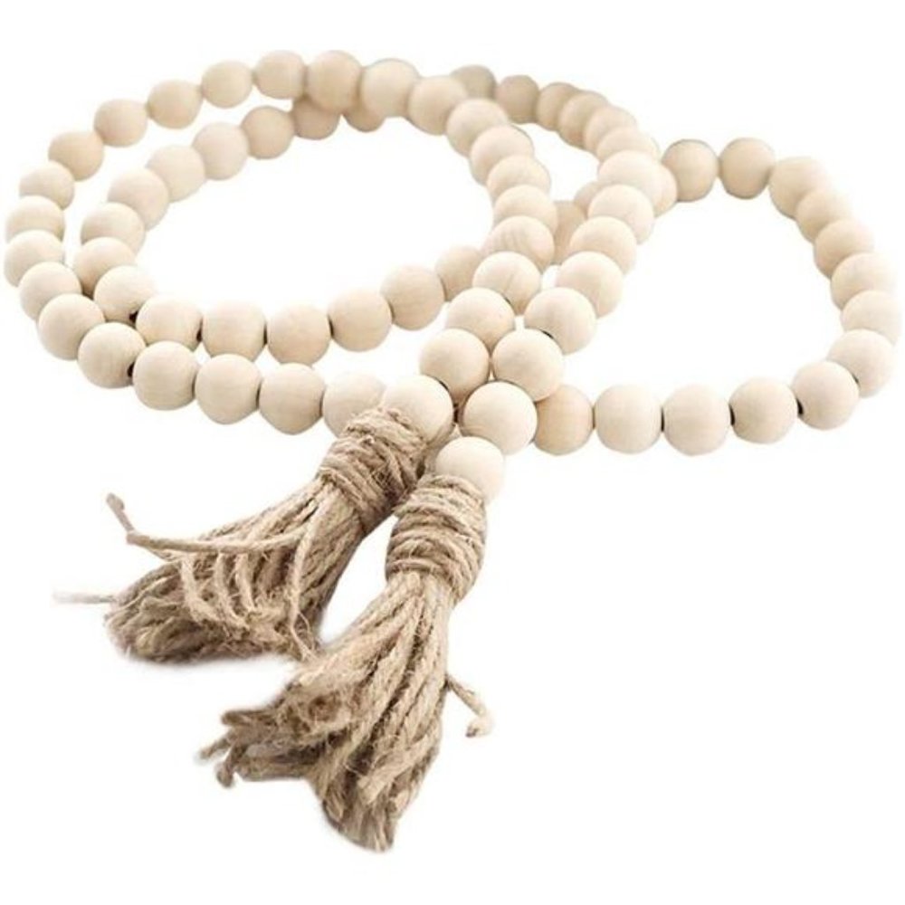Farmhouse Beads 58in Wood Bead Garland with Tassels Rustic Country Decor